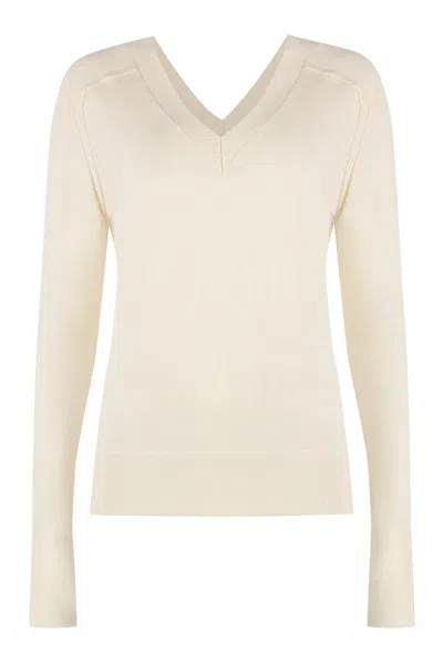Calvin Klein Wool V-neck Sweater With Ribbed Knit In Neutral