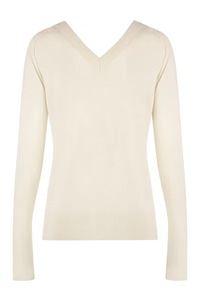 Calvin Klein Wool V-neck Sweater With Ribbed Knit In Neutral