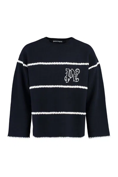 Palm Angels Navy And White Knit Sweater With Paint Monogram Stripes In Blue