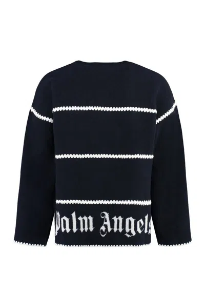 Palm Angels Navy And White Knit Sweater With Paint Monogram Stripes In Blue