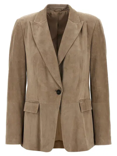 Brunello Cucinelli Suede Blazer With Flap Pockets And Notch Lapel In Brown
