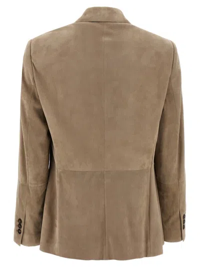 Brunello Cucinelli Suede Blazer With Flap Pockets And Notch Lapel In Brown