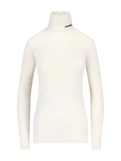 Jil Sander Logo Wool Blend Jersey Turtleneck Top In White
