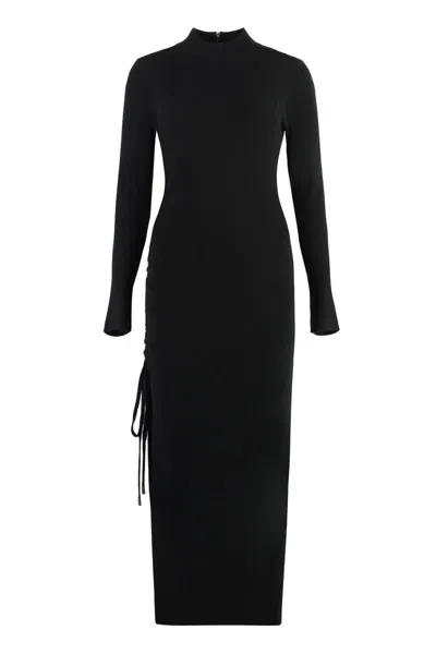 Michael Kors Black Crewneck Midi Dress With Ruched Detail In Wool Woman In Black