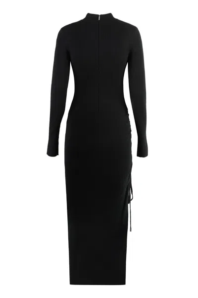Michael Kors Black Crewneck Midi Dress With Ruched Detail In Wool Woman In Black