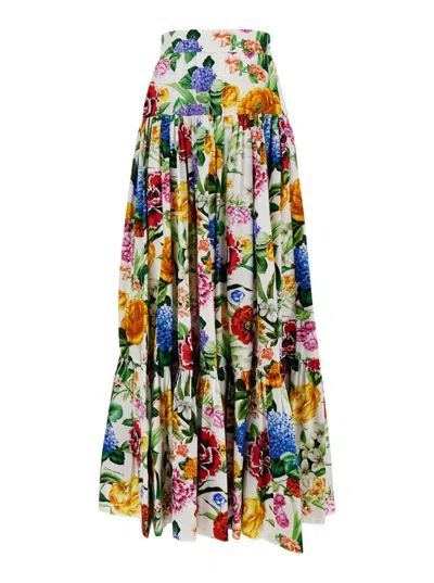 Dolce & Gabbana Multicolor Maxi Skirt With Logo Lettering Detail On The Front And All-over Floral Print In Cotton Wo