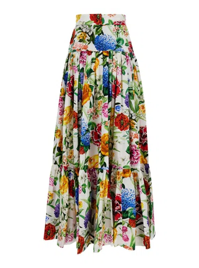 Dolce & Gabbana Multicolor Maxi Skirt With Logo Lettering Detail On The Front And All-over Floral Print In Cotton Wo