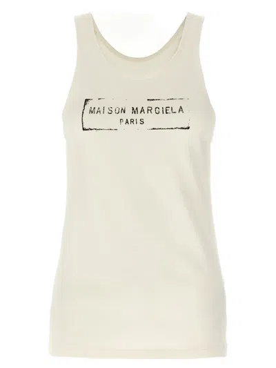 Maison Margiela Beige Top With Wide Neckline And Logo Printed On The Front In Viscose And Cotton Blend Woman In White