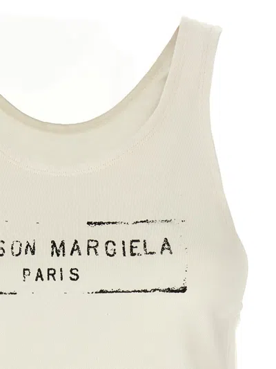 Maison Margiela Beige Top With Wide Neckline And Logo Printed On The Front In Viscose And Cotton Blend Woman In White