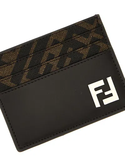 Fendi Brown Card-holder With Squared Ff Motif In Leather And Ff Canvas Man In Brown