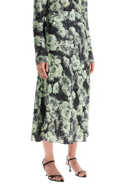 Tory Burch Floral Print Satin Midi Skirt In Gray