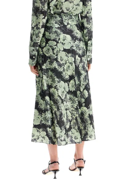 Tory Burch Floral Print Satin Midi Skirt In Gray