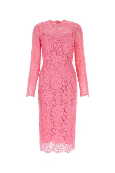 Dolce & Gabbana Midi Dress In Floral Cordonnet Lace In Pink