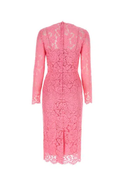 Dolce & Gabbana Midi Dress In Floral Cordonnet Lace In Pink