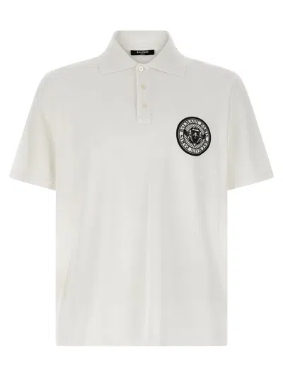 Balmain White Polo Shirt With Collar And Coin Print On The Front In Cotton Man In White