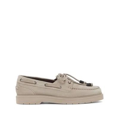 Brunello Cucinelli Taupe Grey Boat Moccasins With Monili Chain In Neutral