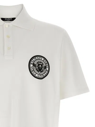 Balmain White Polo Shirt With Collar And Coin Print On The Front In Cotton Man In White