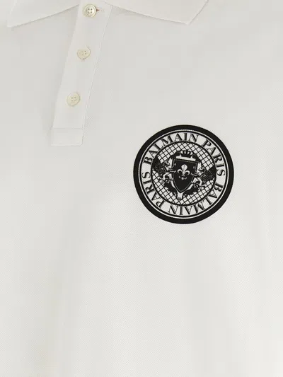 Balmain White Polo Shirt With Collar And Coin Print On The Front In Cotton Man In White