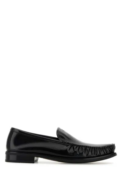 Prada Polished Leather Flat Shoes In Black