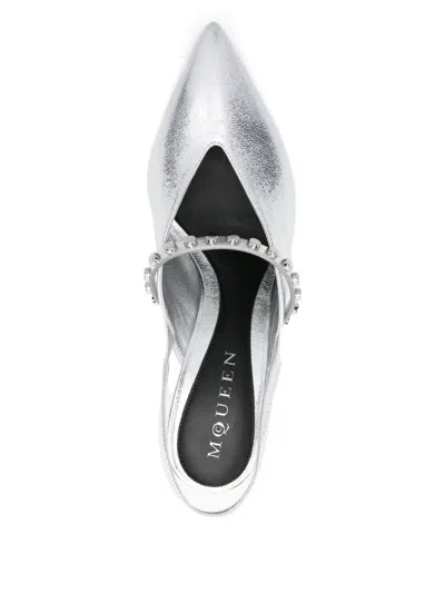 Alexander Mcqueen Metallic Leather Pumps Studded Detail In Silver
