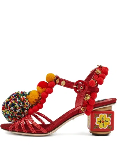 Pre-owned Dolce & Gabbana 60mm Pom-pom Raffia Sandals