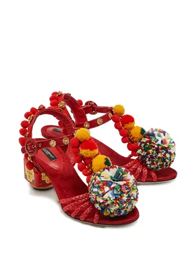 Pre-owned Dolce & Gabbana 60mm Pom-pom Raffia Sandals