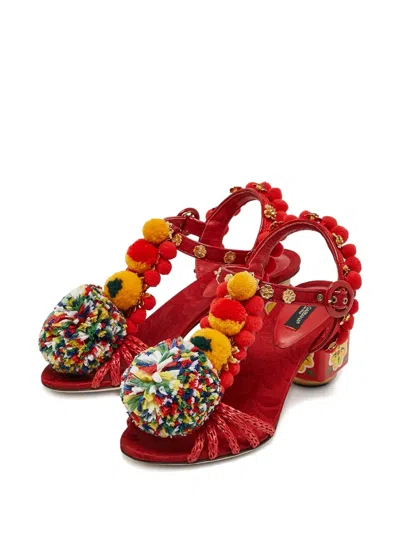 Pre-owned Dolce & Gabbana 60mm Pom-pom Raffia Sandals