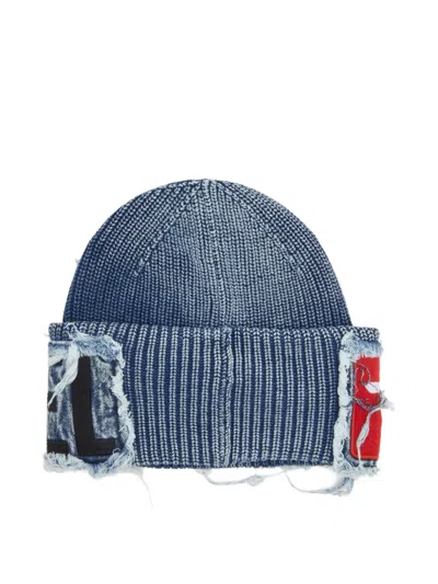 Diesel Denim Effect Beanie With Bold Patch Detail In Blue