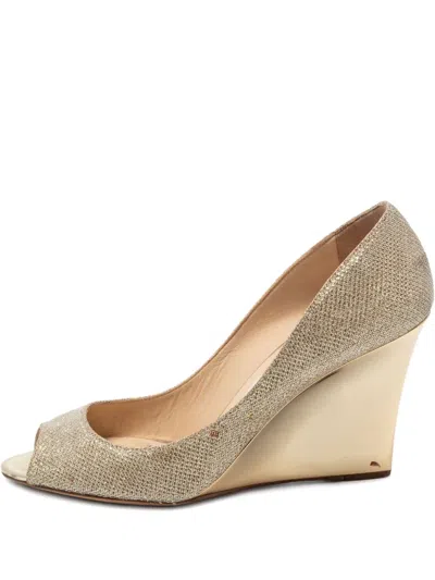 Pre-owned Jimmy Choo 85mm Glitter Wedge Pumps In Gold