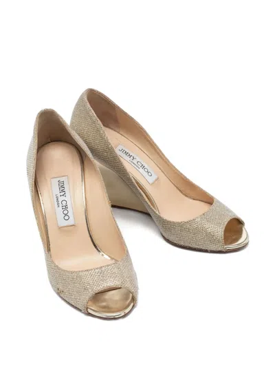 Pre-owned Jimmy Choo 85mm Glitter Wedge Pumps In Gold