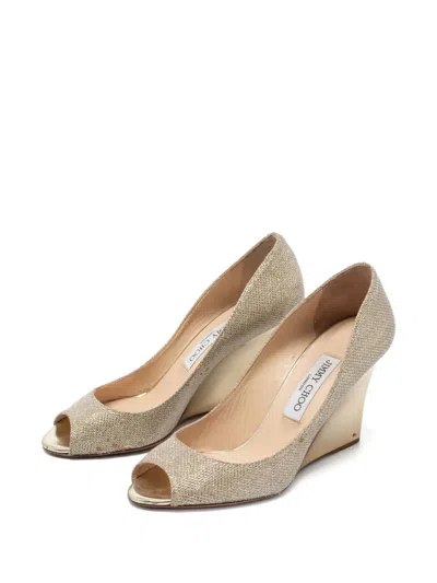 Pre-owned Jimmy Choo 85mm Glitter Wedge Pumps In Gold