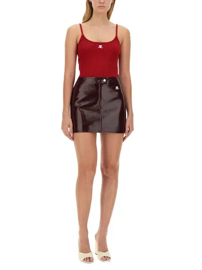 Courrèges Fitted Burgundy Mini Skirt With Shiny Finish In Brown