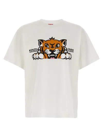 Kenzo 'gots Happy Tiger' White Crewneck T-shirt With Maxi Logo Embroidery On The Front And Logo Lettering
