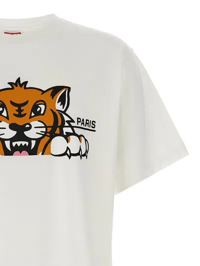 Kenzo 'gots Happy Tiger' White Crewneck T-shirt With Maxi Logo Embroidery On The Front And Logo Lettering