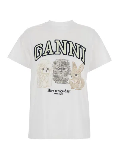 Ganni White Crewneck T-shirt With Maxi Logo On The Front In White