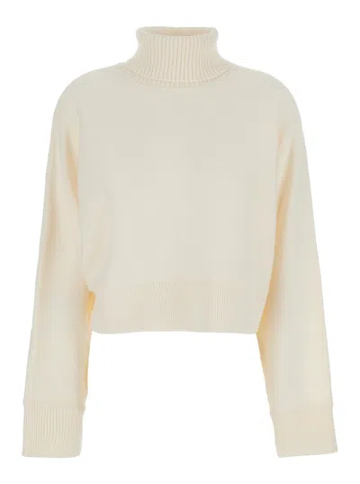 Michael Kors White Turtleneck Cropped Sweater With Logo Plaque On The Rear In Neutral