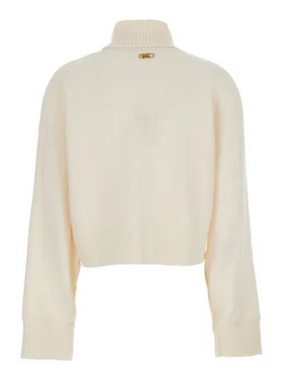 Michael Kors White Turtleneck Cropped Sweater With Logo Plaque On The Rear In Neutral