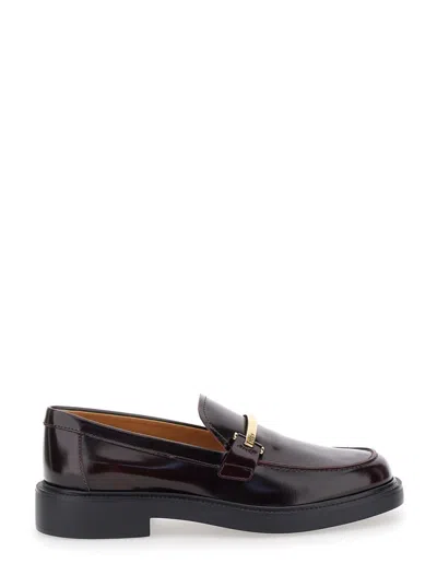 Tod's Brown Loafers With Logo Plaque In Burgundy