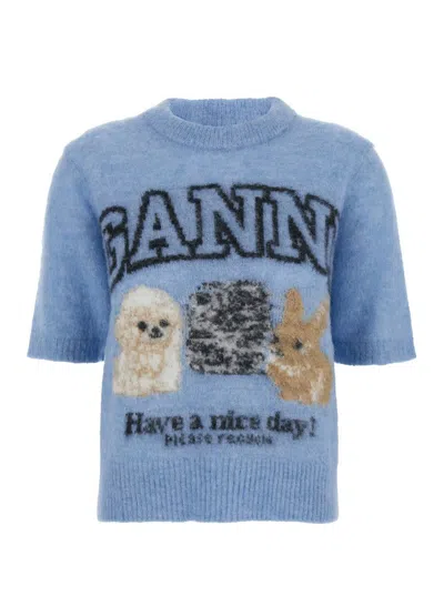 Ganni Light Blue Crewneck T-shirt With Maxi Logo Embroidery On The Front In Blue