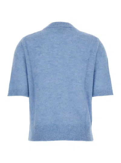 Ganni Light Blue Crewneck T-shirt With Maxi Logo Embroidery On The Front In Blue