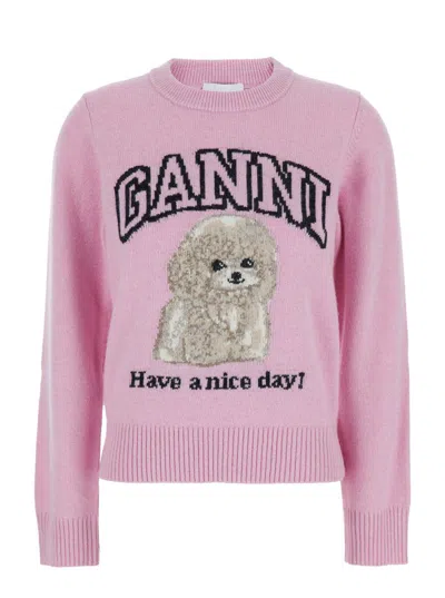 Ganni Wool Sweater With Poodle In Pink