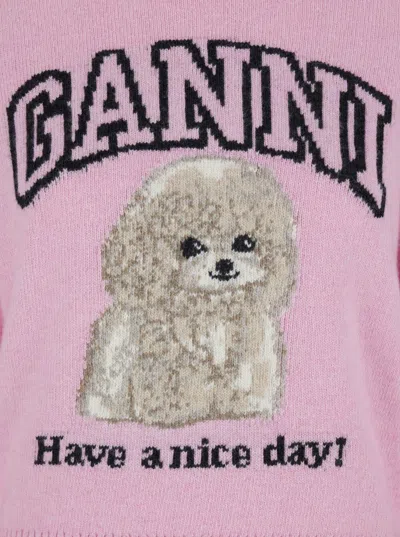 Ganni Wool Sweater With Poodle In Pink