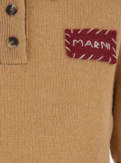 Marni Beige Polo Sweater With Classic Collar And Logo Patch On The Front In Brown