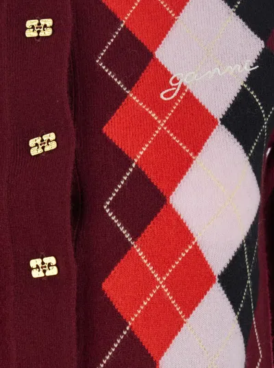 Ganni Womens Tawny Port Rhombus-print Round-neck Wool And Cashmere Cardigan Xl In Burgundy