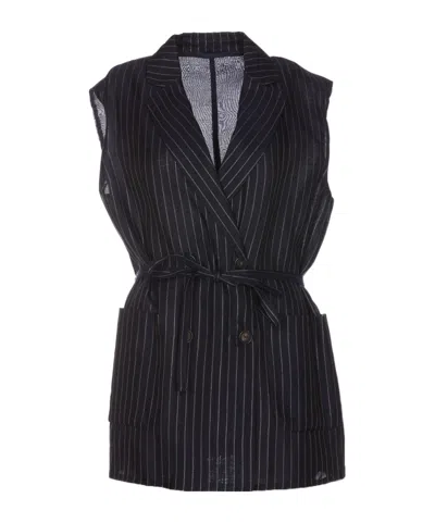 Brunello Cucinelli Striped Belted Sleeveless Jacket In Black