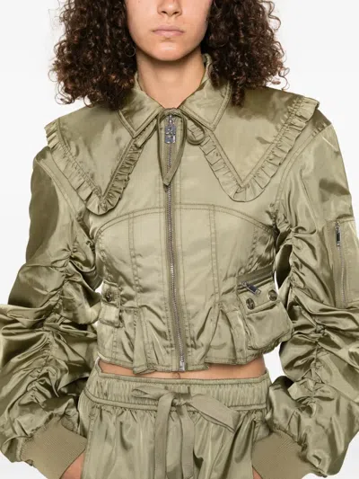 Ganni Nylon Short Bomber Jacket In Green