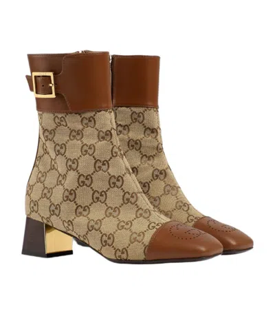 Gucci Ellis Gg-logo Leather-trimmed Ankle Boots In Brown