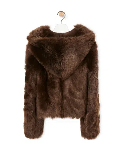 Loewe Shearling Hooded Jacket Coats Brown In Brown