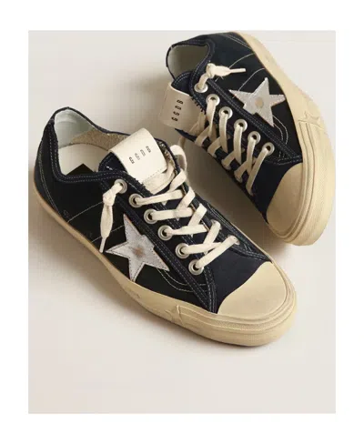 Golden Goose V-star In Navy-blue Canvas With A Silver Laminated Leather Star In Black