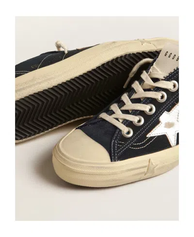 Golden Goose V-star In Navy-blue Canvas With A Silver Laminated Leather Star In Black